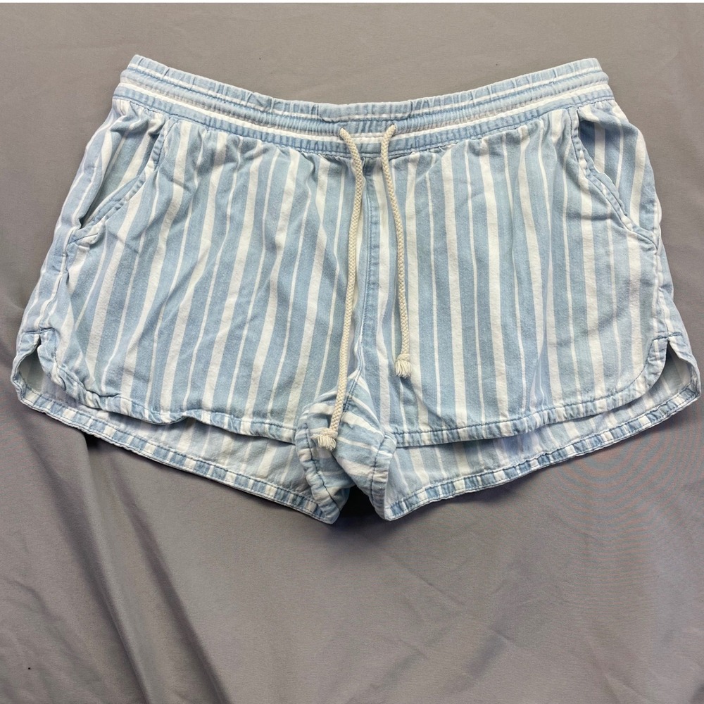 Aerie Light Blue White Striped Lounge Short Elastic Waist Drawstring Dolphin Hem